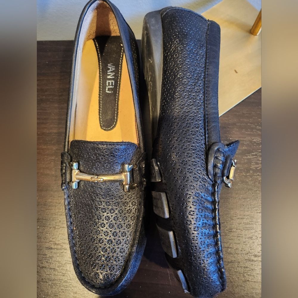 Vaneli Black Leather Loafers with Gold Bit Hardware